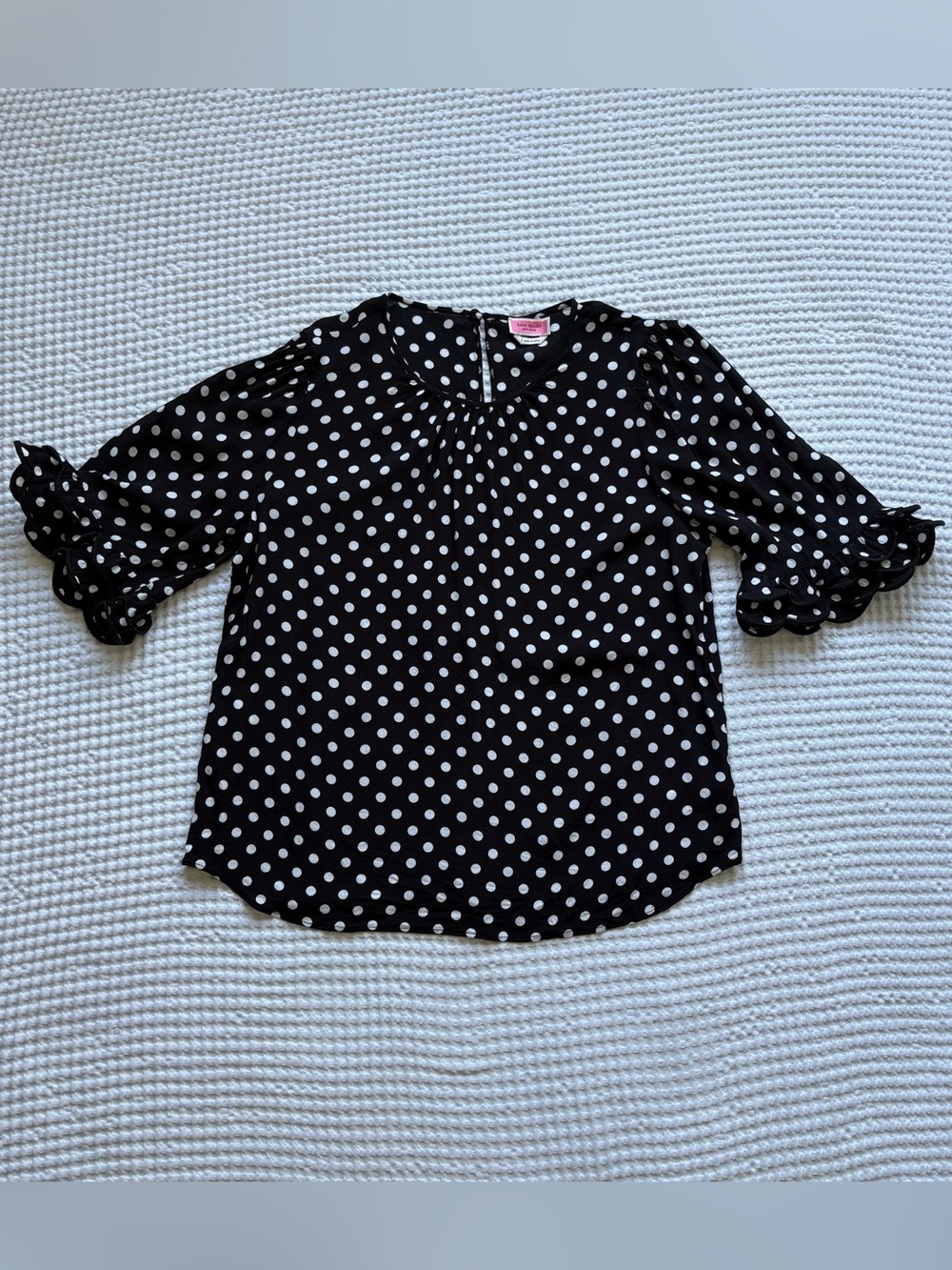 Kate Spade Lia Black & White Polka Dot Blouse Scalloped Ruffle Sleeve - Size L